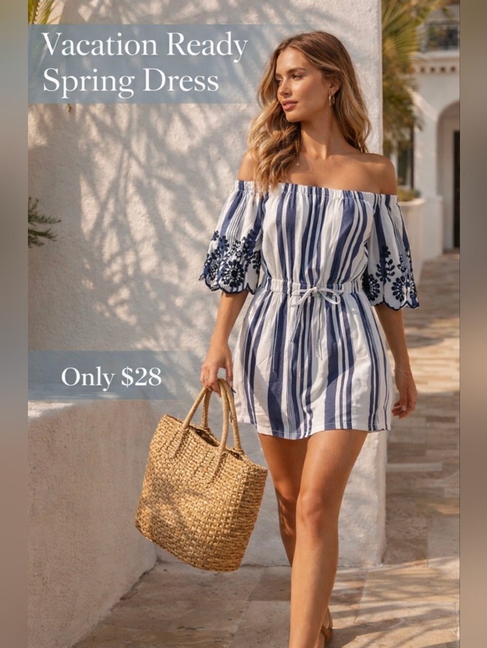 Coastal Cowgirl Blue Stripe Off Shoulder Mini Dress Embroidered Sleeve M